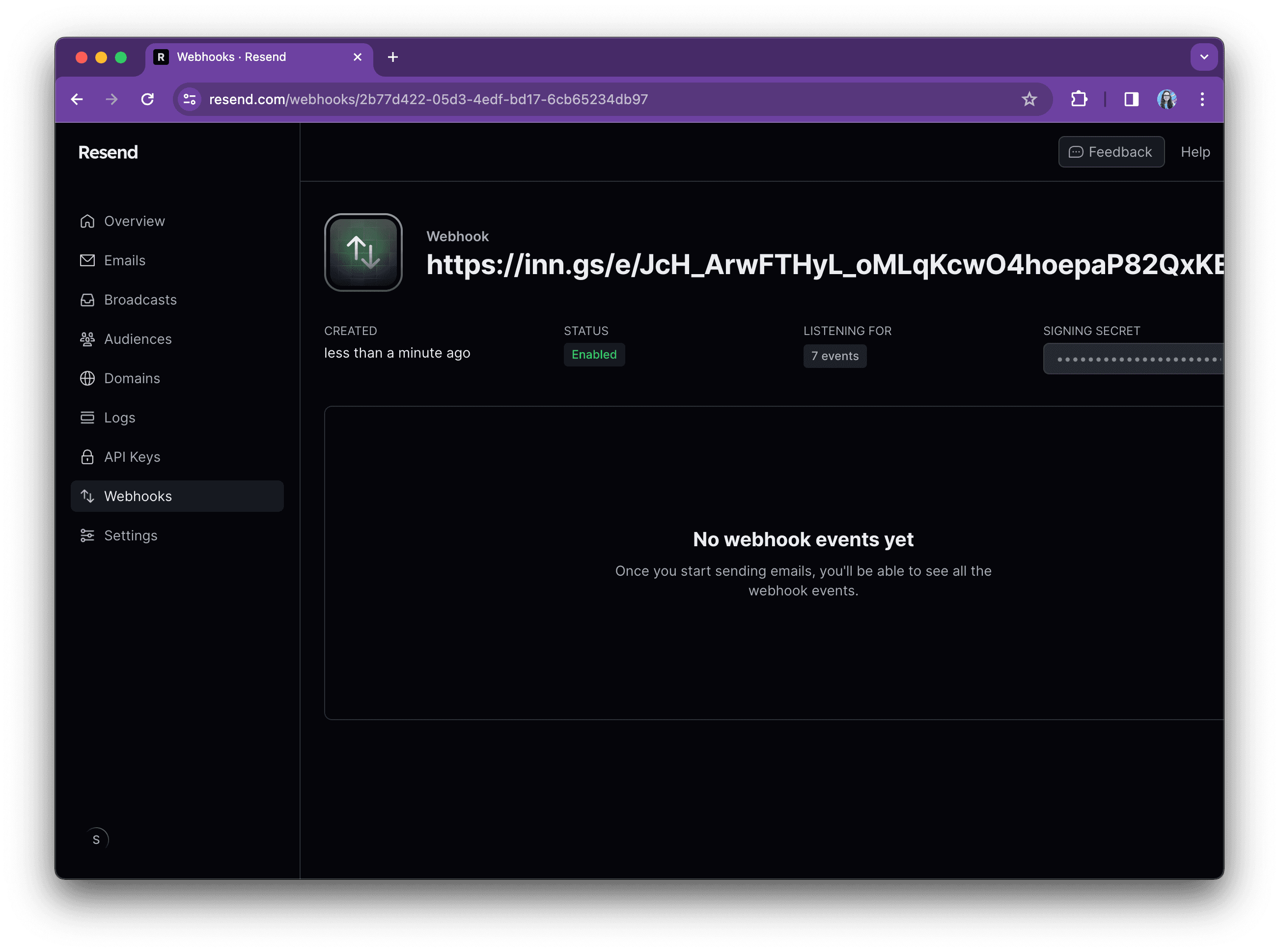The webhook page on the Resend dashboard now featuring one connected webhook. A message reads: "No webhook events yet"